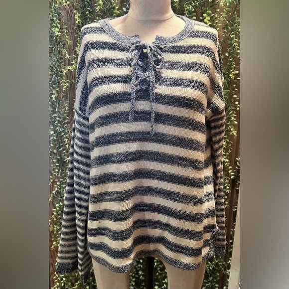 item and thread Sweaters - NWOT Striped Lace-Up Sweater - Navy and Cream